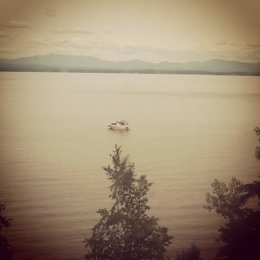 Lake Champlain from the train, looking east to Vermont
